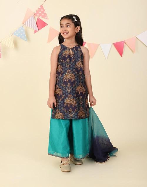 Navy Cotton Silk Blend Hand Block Printed 3pc Palazzo Set